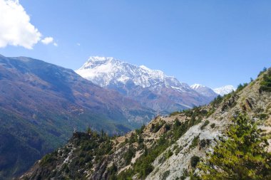 Annapurna sıradağlarının güzel manzarası ve Nepal 'deki ulusal parkın açık alanı. Nepal konseptinde seyahat. Stok fotoğrafı.