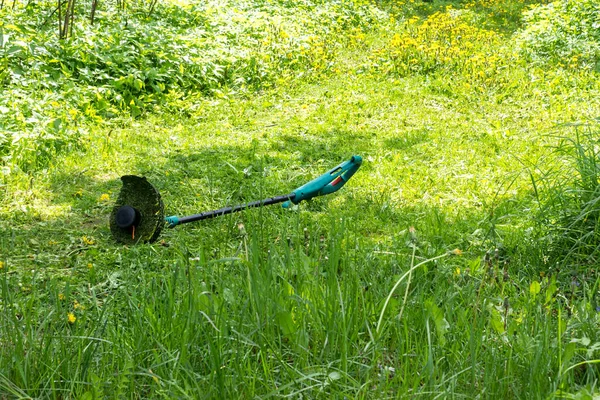 Grüner Rasenmäher Auf Einer Wiese Saftiges Gras Und Blumen Auf — Stockfoto