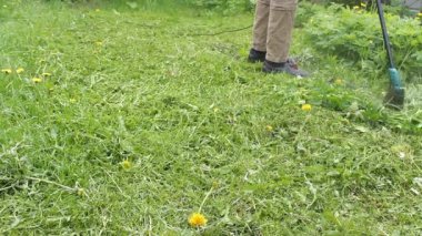 Vahşi erkek bahçıvan uzun yeşil çimenleri biçer, erkeksi elleriyle küçük çim biçme makinesini tutar, farklı yönlerde uçan yabani otlar, yakın plan. Ot ve karahindiba yaz bahçesini kontrol ediyor..