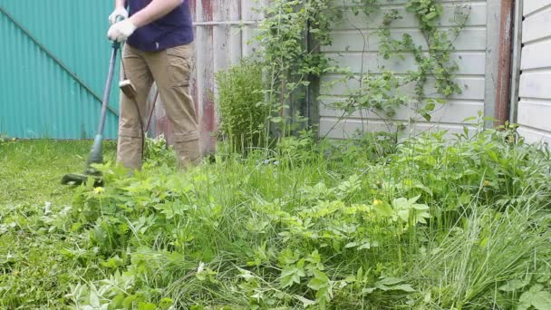 Brutale Giardiniere Maschio Falcia Erba Alta Verde Tenendo Mano Virile — Video Stock