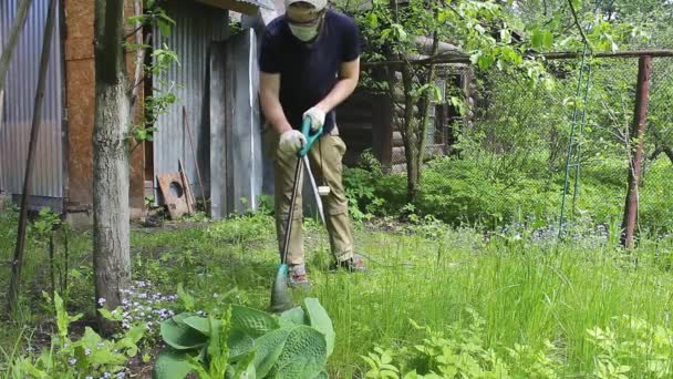 青いTシャツと医療用マスクの背の高い男が芝刈り機で芝生を刈る 暖かい夏の天気 草の風に移動します 民家の庭で雑草やタンポポの制御 — ストック動画