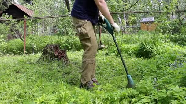 青いTシャツと医療用マスクの背の高い男が芝刈り機で芝生を刈る 暖かい夏の天気 草の風に移動します 民家の庭で雑草やタンポポの制御 — ストック動画