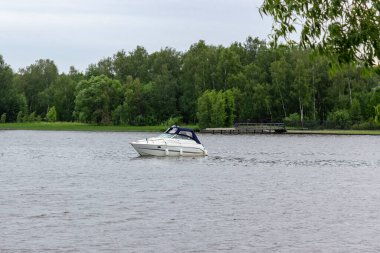 Zengin bir adamın teknesi, rıhtımın yanında, ormanın arka planında duruyor. Lüks yaşam kavramı.