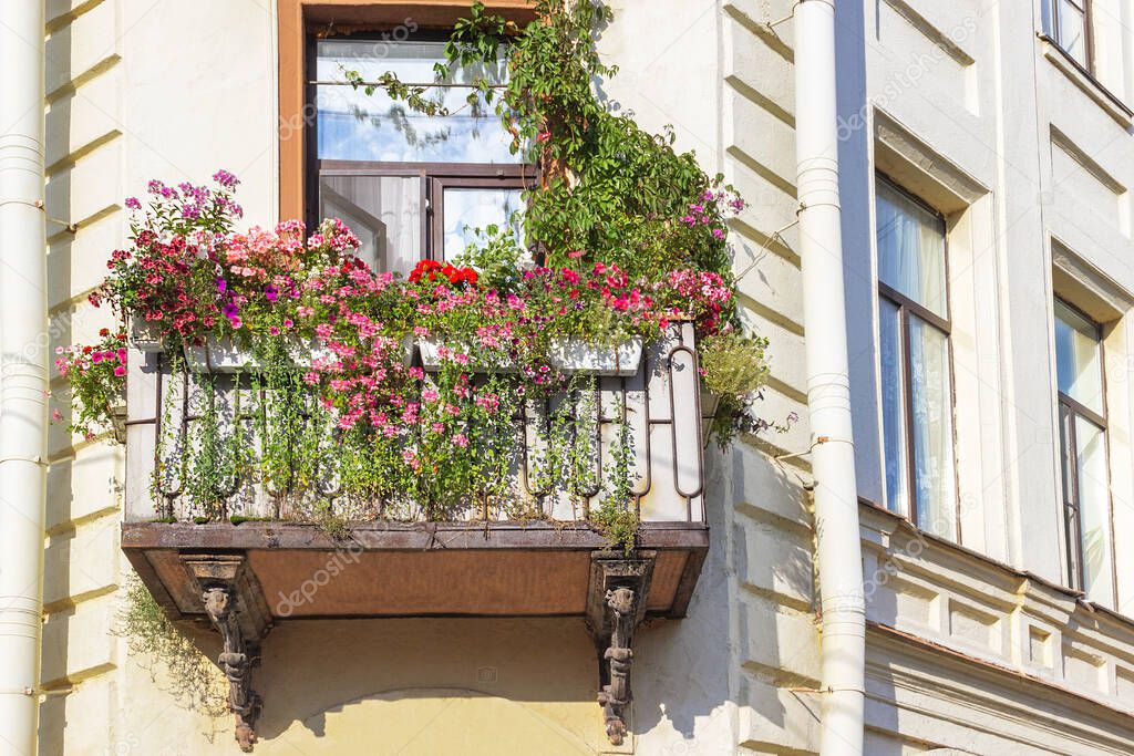cozy balcony and colorful potted flowers on it. Beautiful architecture of Russia and Europe. The concept of romance