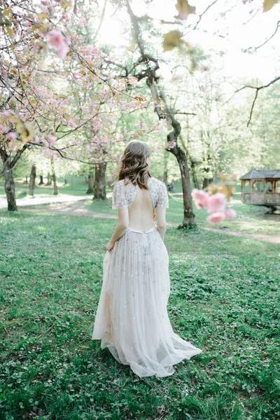 Heel mooi meisje die de bruid onder een sluier, beige trouwjurk in de buurt van de boom Sakura neer, natuur kijkt — Stockfoto