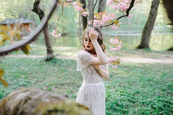 Дуже гарна дівчина, наречена під завісу, бежевий весільну сукню біля дерева сакури дивлячись, природа — стокове фото