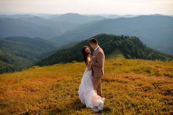 新婚夫妇在美丽的风景下亲吻和拥抱在岩石旁 — 图库照片