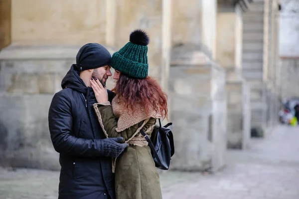 Young Happy Couple Lovers Beginning Love Story Handsome Man Whispers — Stock Photo, Image