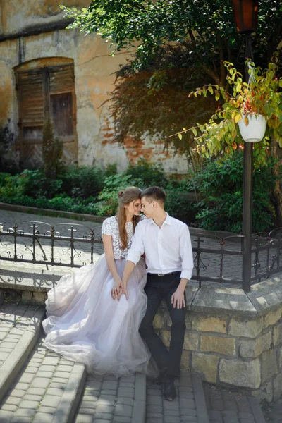 Luxury Wedding Couple Embracing Hugging Kissing Sunny Light Gorgeous Bride — Stock Photo, Image