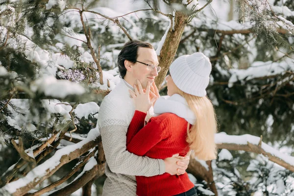 Retrato de casal adulto feliz se divertindo na floresta de inverno e sorrindo, espaço de cópia — Fotografia de Stock