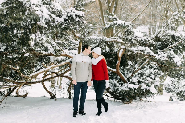 Guy et fille marchent, amusez-vous dans la forêt en hiver — Photo