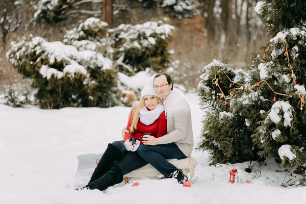 Casal feliz no inverno bebendo chá e sentado em um trenó — Fotografia de Stock