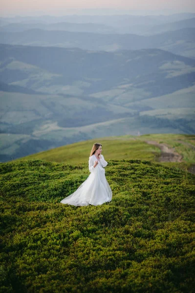 Mulher em um vestido de noiva corre através do campo em direção às montanhas — Fotografia de Stock