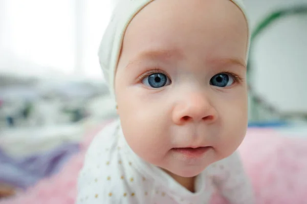 Pequena Menina Bonito Olha Moldura Close Tiro Ângulo Largo — Fotografia de Stock