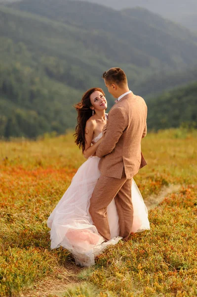 Gli Sposi Stanno Abbracciando Tramonto Foto Matrimonio Uno Sfondo Montagne — Foto Stock