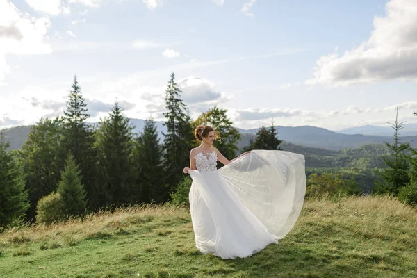 Sposa Stessa Posa Uno Sfondo Montagne Una Donna Sviluppa Vestito — Foto Stock