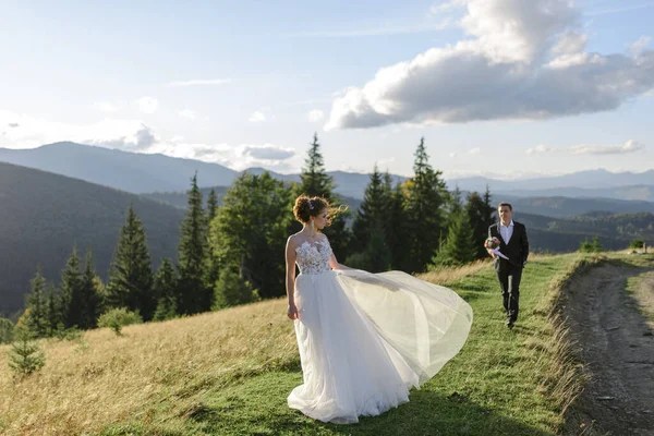 Recém Casados Celebram Seu Casamento Nas Montanhas — Fotografia de Stock