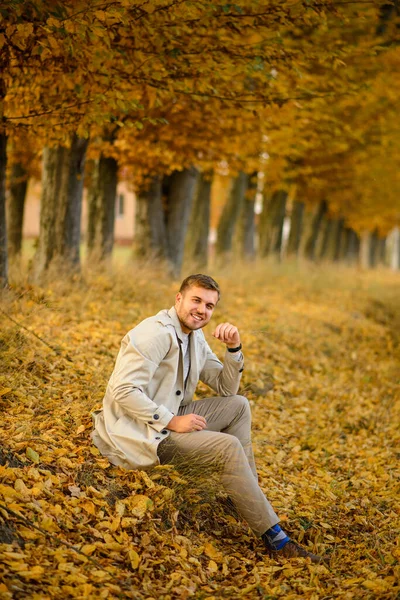 Portrait Jeune Homme Manteau Sur Fond Arbres Automne Homme Assoit — Photo