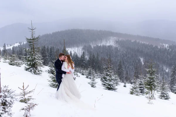 Noivo Abraça Noiva Por Trás Inverno Casamento Foto — Fotografia de Stock