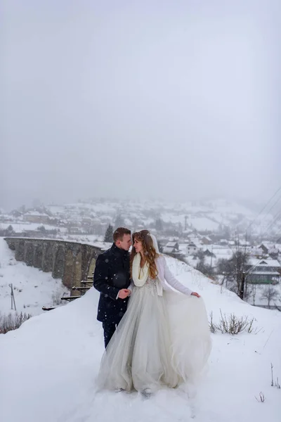 Noiva Noivo Estão Abraçados Fundo Neve Casamento Inverno — Fotografia de Stock
