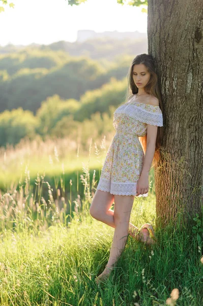 Retrato Uma Jovem Menina Bonita Vestido Verão Sessão Fotos Verão — Fotografia de Stock