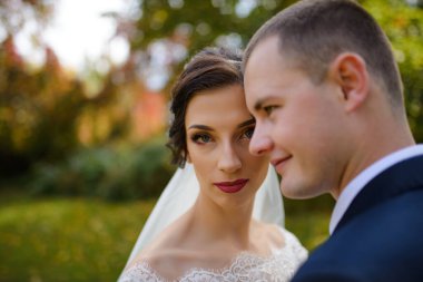 Gelin ve damat sonbahar parkının arka planında..