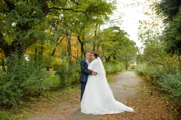 Novia Novio Fondo Del Parque Otoño —  Fotos de Stock