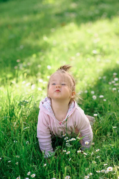 Маленька Мила Дівчинка Повсякденному Житті Повзе Зеленій Траві — стокове фото