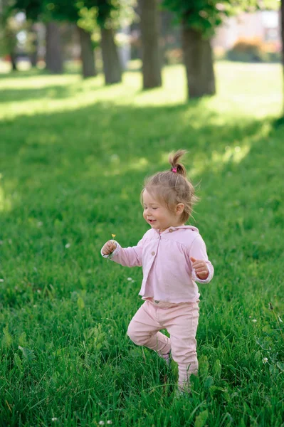 Petite Fille Vêtements Décontractés Fait Ses Premiers Pas Sur Herbe — Photo