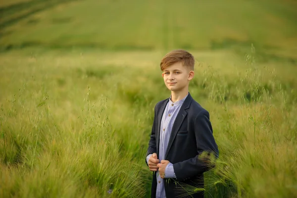 一个男孩在绿色麦田里的画像 — 图库照片