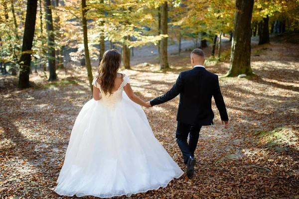 Recém Casados Estão Abraçando Floresta Outono — Fotografia de Stock