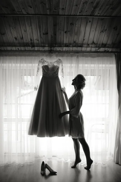 Bride Night Gown Holding Her Wedding Dress Shadow — Stock Photo, Image