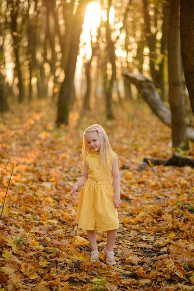 Niña Con Vestido Amarillo Parque Otoño — Foto de Stock