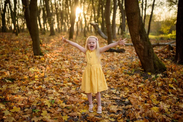 Menina Loira Vestido Amarelo Parque Outono Criança Segura Mãos Direções — Fotografia de Stock