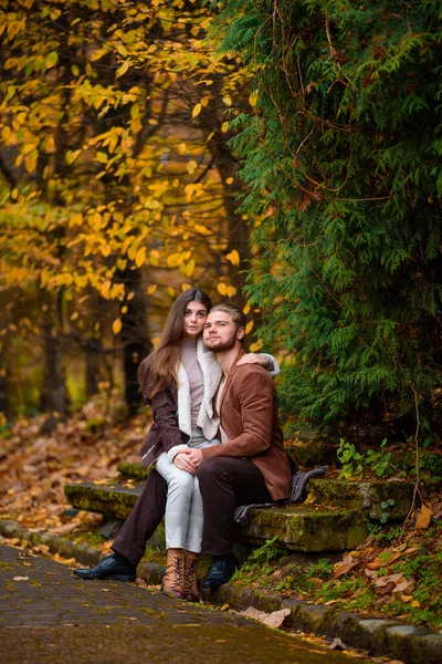 Jovens Belos Abraços Casal Parque Outono — Fotografia de Stock