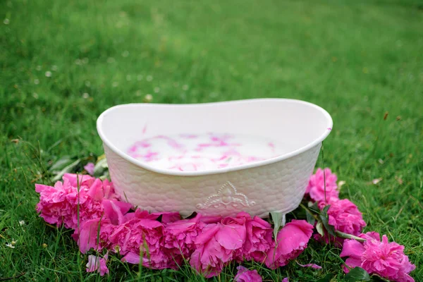 Αφρόλουτρο Και Παιώνια Λουλούδια Ροζ Παιώνιες Παιδικό Μπάνιο Πράσινο Φόντο — Φωτογραφία Αρχείου