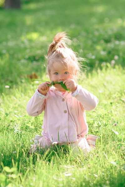 穿着休闲装的可爱小女孩跪在绿草上 女孩啃食一片叶子 — 图库照片
