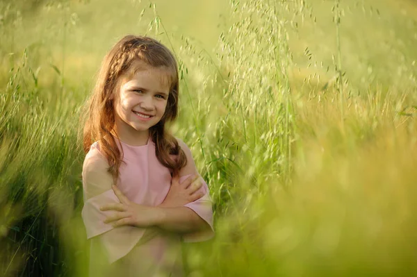 Retrato Uma Menina Bonito Vestido Rosa Menina Posando Campo Trigo — Fotografia de Stock