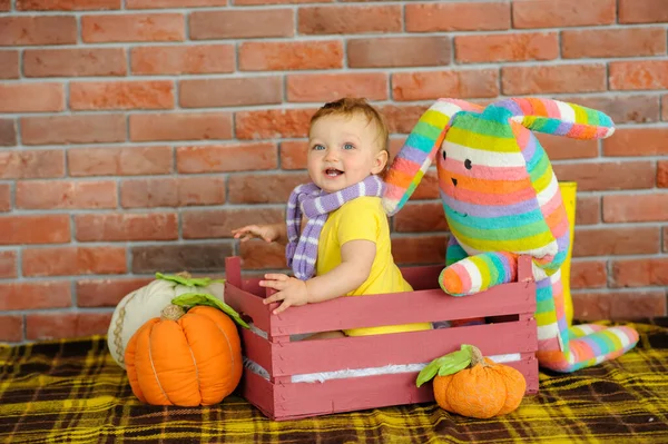 Małe Dziecko Siedzi Drewnianym Pudełku — Zdjęcie stockowe