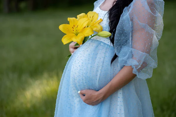 Vientre Cerca Una Mujer Embarazada Que Posa Vestido Azul Sobre —  Fotos de Stock