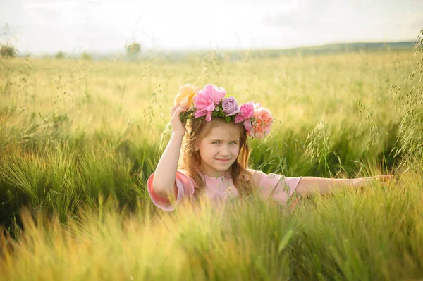 Retrato Uma Menina Bonito Vestido Rosa Menina Posando Campo Trigo — Fotografia de Stock