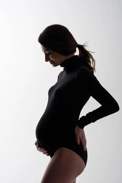 Jonge Mooie Zwangere Vrouw Zwart Bodysuit — Stockfoto