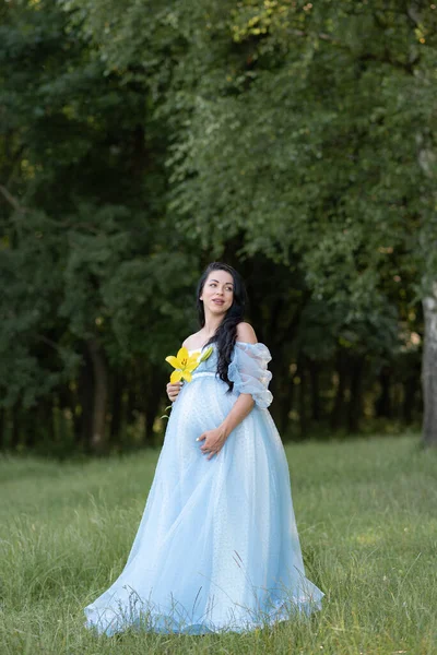 Mulher Grávida Posando Vestido Azul Fundo Árvores Verdes — Fotografia de Stock