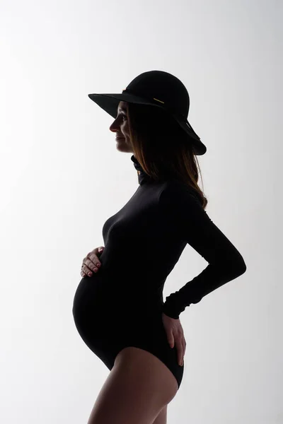 Young Beautiful Pregnant Woman Black Bodysuit Hat — Stock Photo, Image
