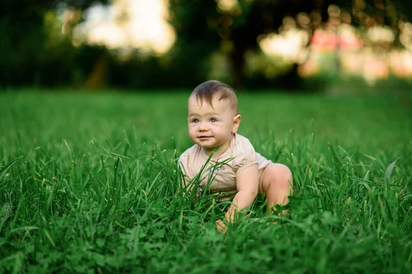 Pequeña Niña Año Sienta Hierba — Foto de Stock