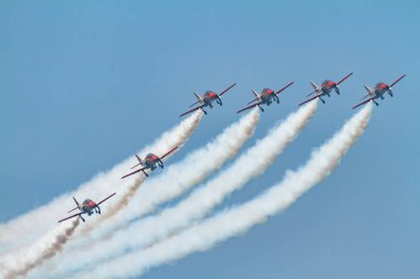 Torre Del Mar, Malaga, İspanya-Temmuz 27: Uçak Casa C-101 Patrulla bir sergi 3 airshow Torre del Mar 27 Temmuz 2018 yılında Torre del Mar, Malaga, İspanya katılan Aguila