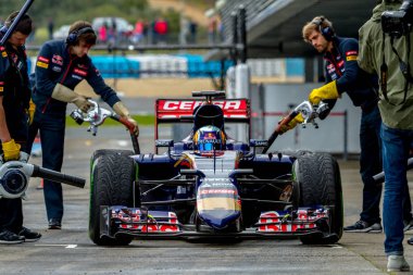 Jerez De La Frontera, İspanya - Şubat 03: Carlos Sainz, Scuderia Toro Rosso F1 için çukurlar girerek takım