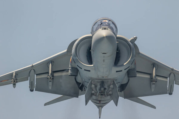 MOTRIL, GRANADA, SPAIN-JUN 11: Aircraft AV-8B Harrier Plus taking part in an exhibition on the 12th international airshow of Motril on Jun 11, 2017, in Motril, Granada, Spain