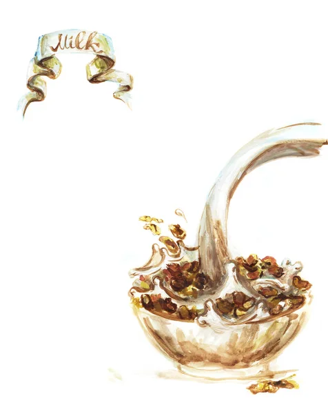 Zabpehely Tej Kukorica Reggeli Pasztell Ceruzával Illusztráció — Stock Fotó