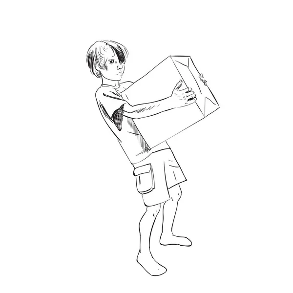 Vector Illustration Boy Cardboard Box — Vetor de Stock